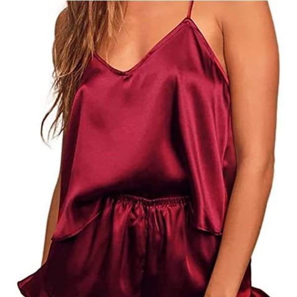 Sleepwears Women's Silk Pajamas Solid Color V Neck Suspender Shorts Two Piece Pajamas Sexy Fashion Home Clothes Suit-image