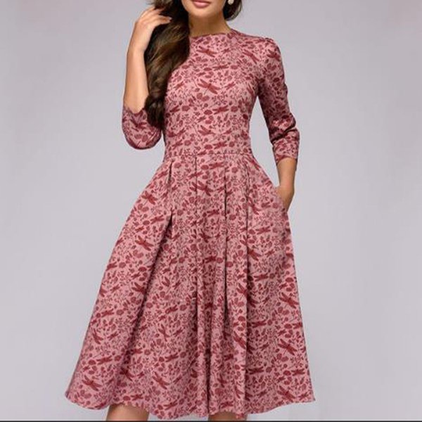 Women's Clothing autumn and winter women's A-line dress Party retro small floral three-quarter sleeve round neck dress