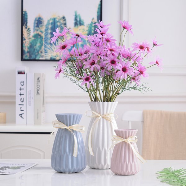 Elegant White & Pink Origami Ceramic Vase Set - Modern Minimalist Home Decor Trio (Large, Medium, Small)-image