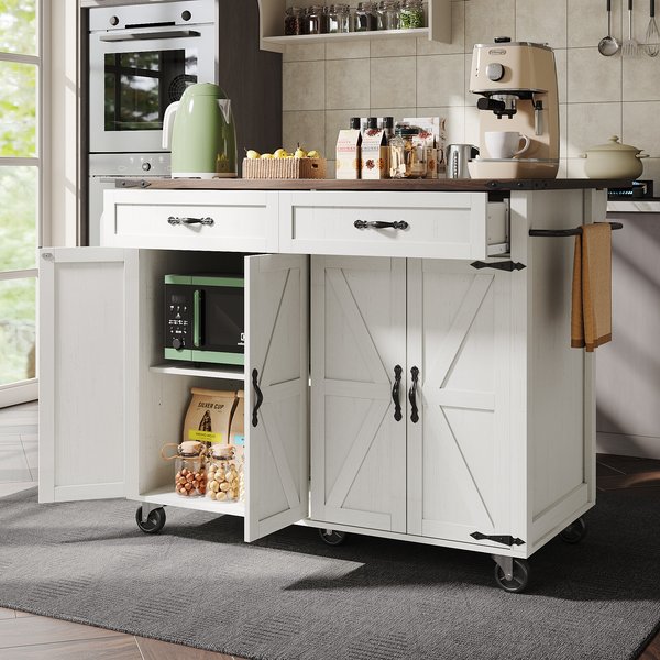 Kitchen Island With Extendable Countertop, 4-Door Storage Cabinet And 2 Drawers, Wooden Grain Finish Serving Cart For Dining Or Kitchen Use-image