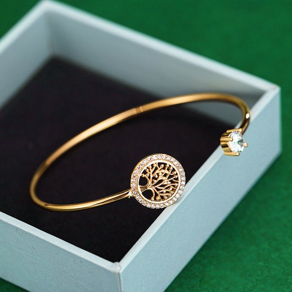Ornament Style Life Tree Bracelet For Women, Adjustable Open Personality Rhinestone Jewelry