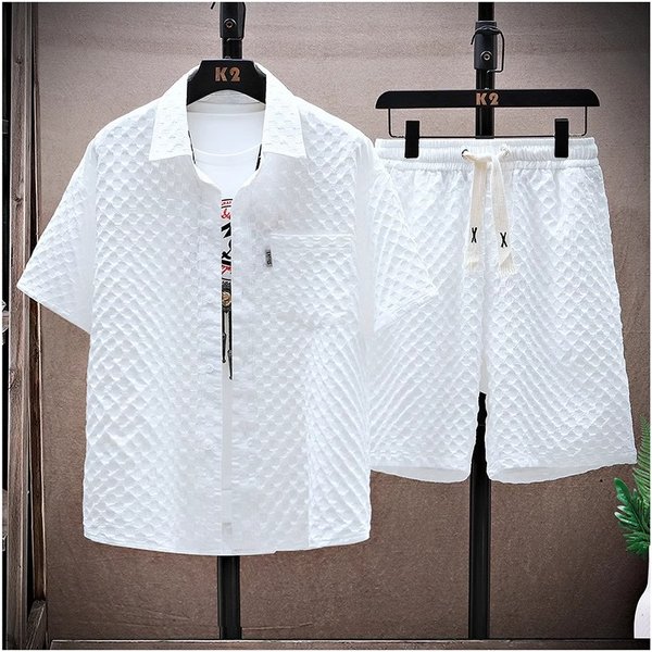 Men's Clothing Thin Sports Casual Two Piece Suit Summer Ice Silk Suit Men's Handsome Trendy Short Sleeved Shirt Shorts Set