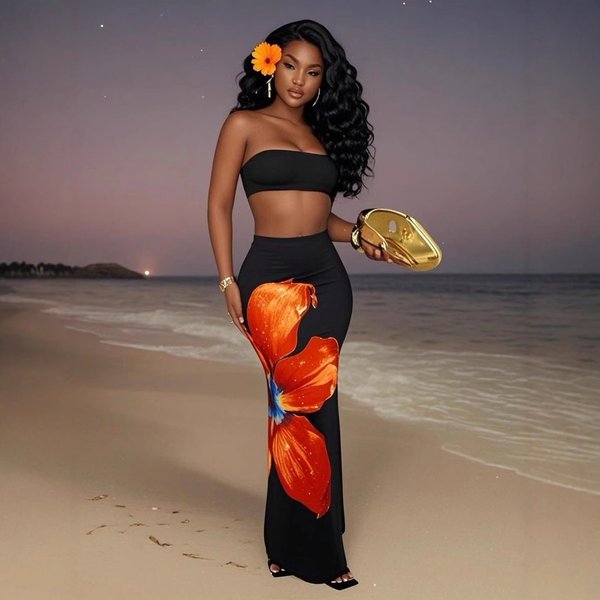 2025 European And American Cross-Border Popular Casual Style Fashion Floral Print Sexy Slim Tube Top Women's Long Dress-image