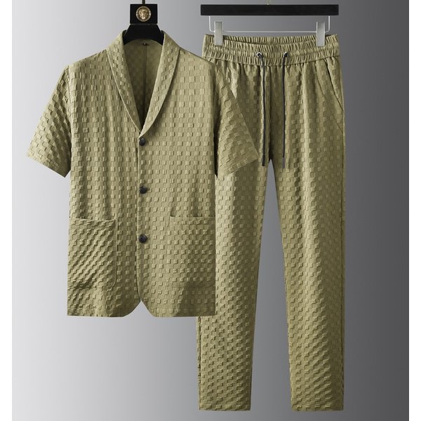 Men's Clothing High End Quality Summer Short Sleeved Suit Casual Suit Men's Fashion Plaid Jacquard Stretch Two Piece Suit Handsome-image