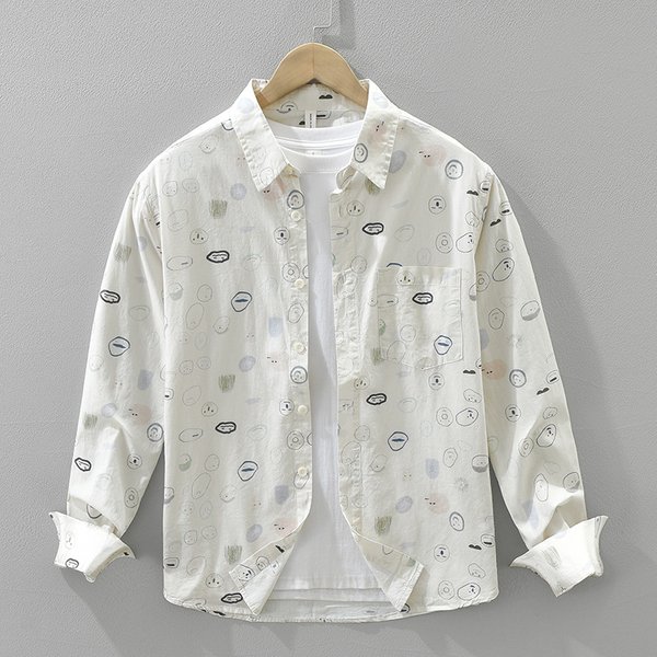 Cartoon Printed Fresh Long Sleeved Shirt For Men, Fashionable And Versatile, Artistic And Casual Loose Top