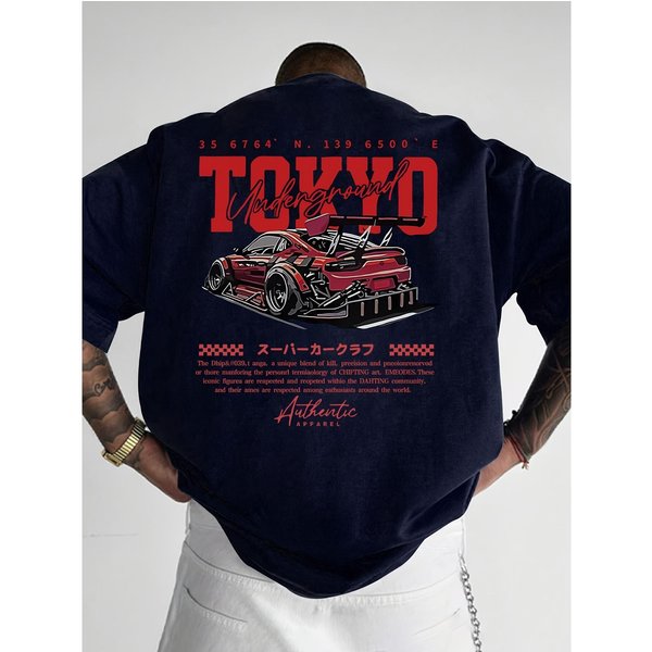 (Armonia) 180gsm COTTONTrendiges Streetwear-T-Shirt Für Männer, Mit Einem TOKYO-modifizierten Rennwagen-Druck Auf Der Rückseite