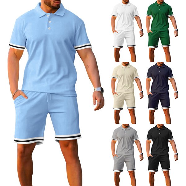 Men's Clothing Summer Lapel Button Short Sleeved And Drawstring Shorts Two Piece Sports