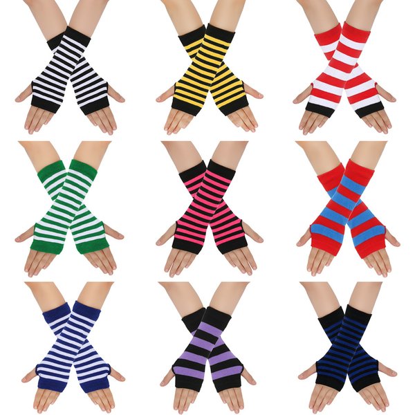 Unisex Knitted gloves with missing fingers anime stripes wearing fingers wrist cuff with false sleeves Thin children's fingers