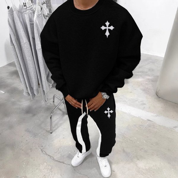 Men's Clothing Autumn/Winter Sweatshirt And Trousers Men's Cross Embroidery Hoodie And Pants Set 2-Piece Casual Outfit For Autumn Winter Fashion-image