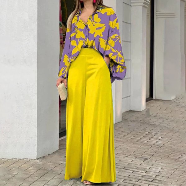 Women’S Clothing Women's Large Size Women's Lapel Shirt Printed High Waist Wide Leg Pants Two-Piece Set-image