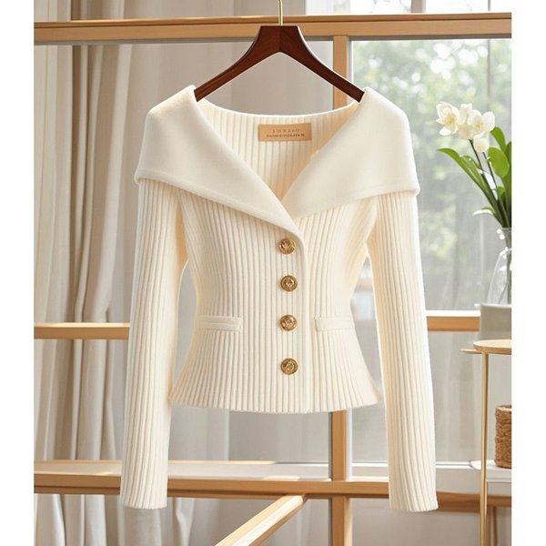 Women's Clothing Style White Sweater Jacket For Women, High End Design, Niche Temperament, Celebrity Waist Knitted Top, New Autumn Style-image