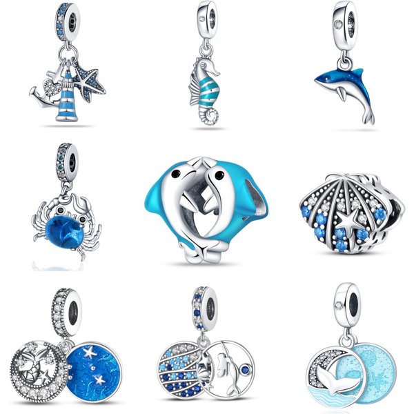 Women's Jewelry Ocean Blue Wind Dolphin Seahorse Pendant Beads White Copper Plated 925 Silver DIY Jewelry Accessories