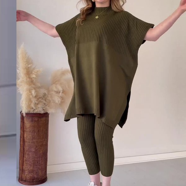 Women's Round Neck Bat Shirt Large Size Loose Sweater Casual Two-Piece Set-image