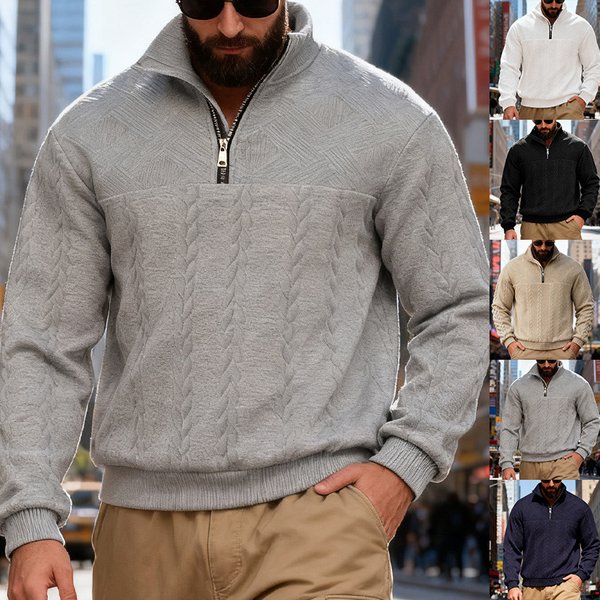 Men's Textured Jacquard Half-Zip Sweatshirt - Heavyweight Stand Collar Pullover With Unique Geometric Pattern, Relaxed Fit For Fall/Winter-image
