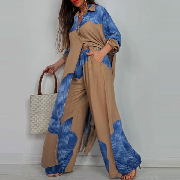 Women's Clothing Tops Trousers Two Piece Suit Stylish Color-Block Two-Piece Set – Relaxed Shirt & Flowy Pants (Red, Blue, Navy, Green, Burgundy)