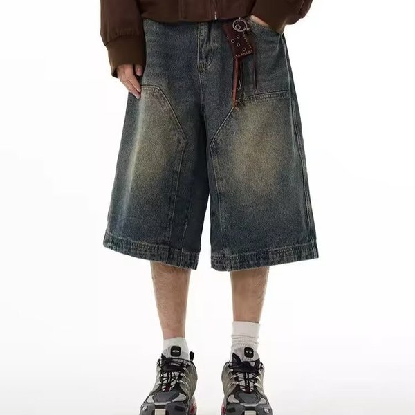 Men's Clothing American Street Fashion Brand Loose Distressed Washed Denim Shorts Men's Mid Length Pants Simple Basic Summer Shorts Men-image