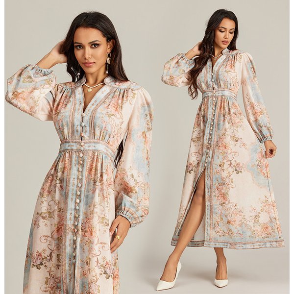Women's Clothing Holiday Temperament Positioning Printing Single Breasted Long Sleeved Dress Female Holiday Style Retro Skirt Long Skirt-image