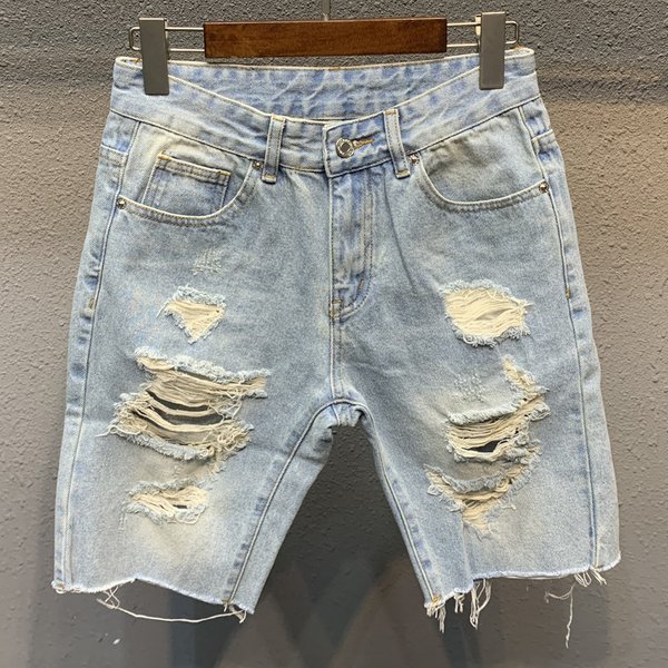 Men's Clothing Ripped Denim Shorts Light Color Shorts Trendy Loose Raw Edge Mid Length Pants Breeches Beggar Pants