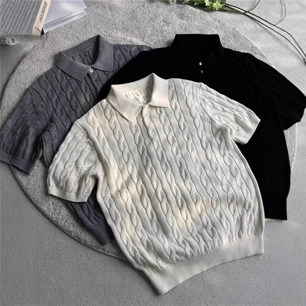 Men's Retro Knit Polo Shirt – Ribbed Texture & Breathable Short Sleeve (Classic Black/Grey/Khaki, Slim Fit, Summer Casual)