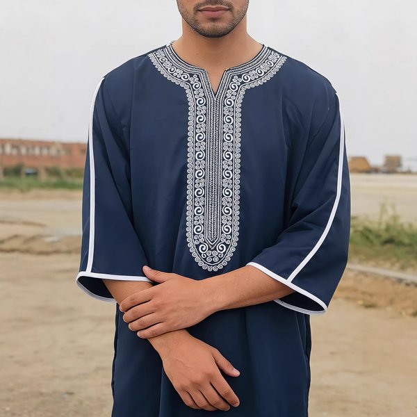 Men's Ramadan Thobe With Embroidery – Premium Polyester-Spandex Islamic Robe (S-Xxl, Navy Blue) – Gandoura Style Modest Wear