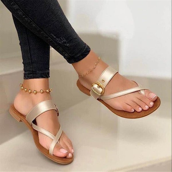 Large Size Bottomed Flip Flops For Women With Metal Belt Buckle And Flat Heel Sandals-image