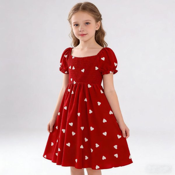 Girls Bow Dress Heart Print Puff Sleeve Fashionable Dress for Kids Toddler Clothing 3-7 Years Old
