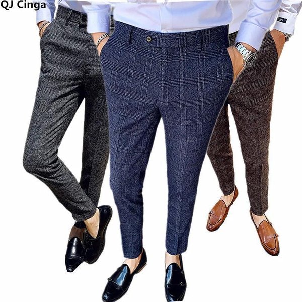 Men's Clothing Plaid Slim Fit Trousers Fashion Casual Trend Business Trousers-image