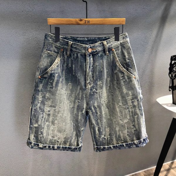 Men's Clothing Designer Style Heavy Craftsmanship Scratched Washed Trendy Brand Denim Shorts Men's Thin Pants 2025 Loose Shorts-image