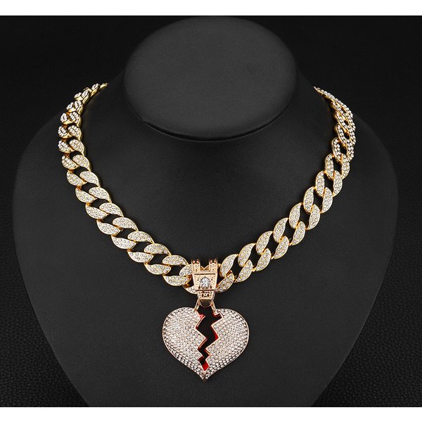 Ins fashion style alloy full diamond boyfriend love pendant necklace men and women hip hop broken heart pendant chain