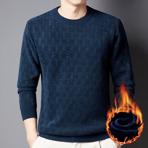 Men's Clothing Winter Men's Sweater Plus Velvet Thickened Jacquard Plaid All In One Velvet Warm Top Solid Color Round Neck Bottoming Sweater-image