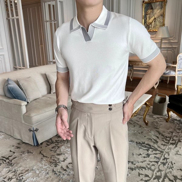 Men's Clothing Summer New Polo Shirt Men's British Casual Business Lapel Ice Silk Knitted T Shirt Slim Thin Short Sleeve Men