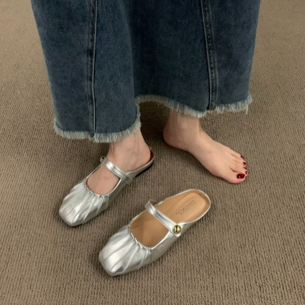 P5 Silver Flat-Bottomed Baotou Half-Slippers Outside Wear 2023 Summer New Mother Mary Jane Muller Ladies Sandals Single Shoes-image