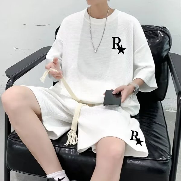 Men's Waffle Tracksuit Casual Loose Plus Size High Street Trendy Brand Printed Summer Two Piece Set With Short Sleeved Shorts-image