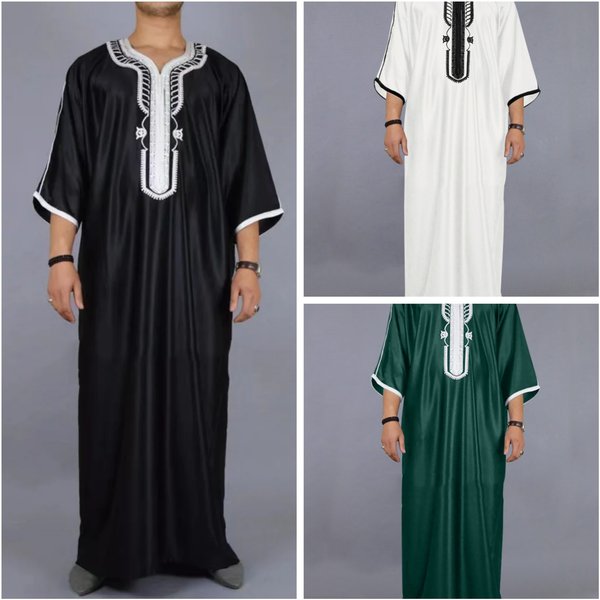 Men's Clothing Long Shirt Casual Youth Ordinary Black Muslim Embroidered Robe