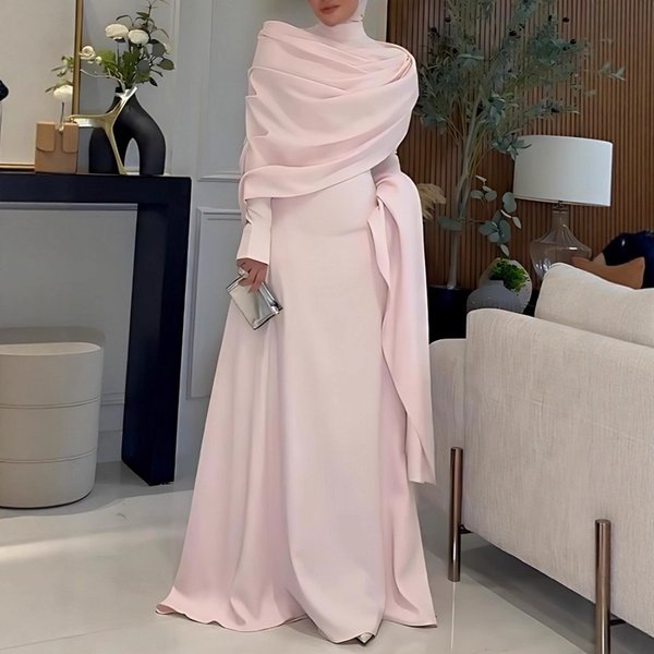 Elegant Pleated Evening Gown With Train - Long Sleeve High Neck Formal Dress For Weddings & Parties - Pink-image