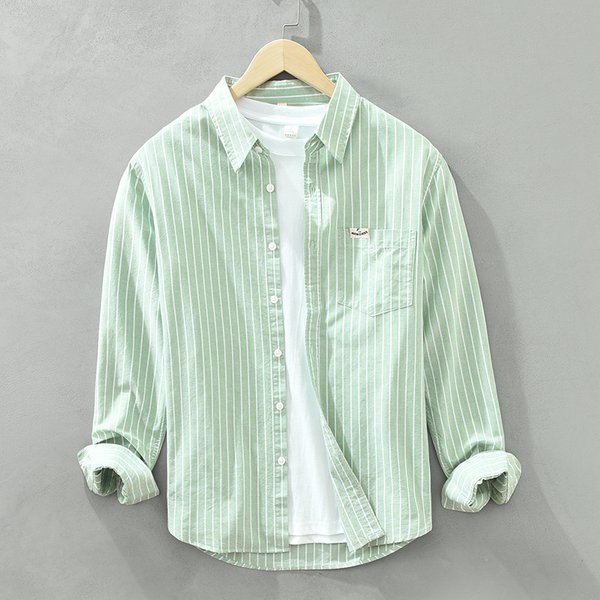 Trendy Striped Oxford Spun Long Sleeved Shirt Men's Pure Cotton Casual Loose Square Neck Shirt-image