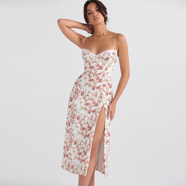 Women's Clothing Spring Fashion New Small Floral Slit Suspender Dress