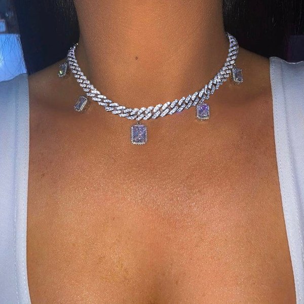 Micro-Inlaid Square Zircon Pendant Necklace Trendy Hip-Hop New Cuban Chain Necklace-image
