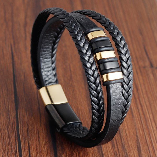 Men's Jewelry Leather Rope Bracelet Stainless Steel Leather Braided Bracelet Genuine Leather Multi Layer Jewelry-image