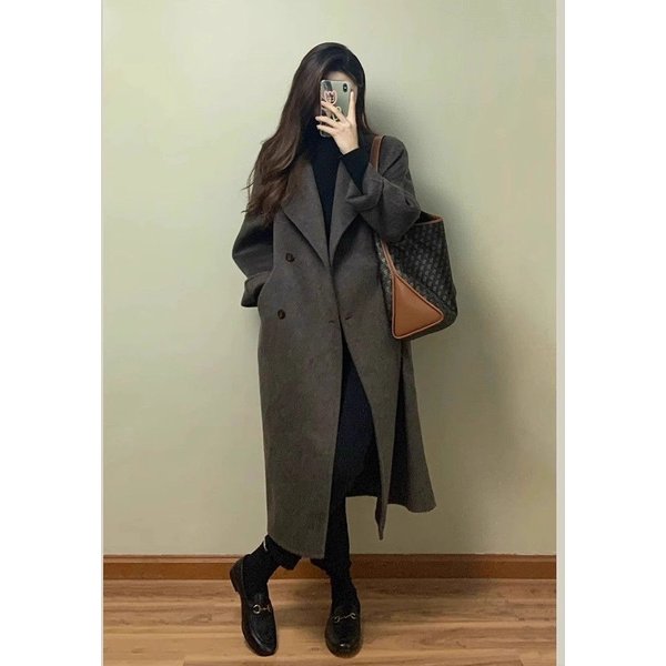 Women’s Longline Wool Coat – Oversized Korean-Style Trench Coat With Double-Breasted Buttons (Brown/Black, S-2XL, Fall/Winter Maillard Aesthetic)