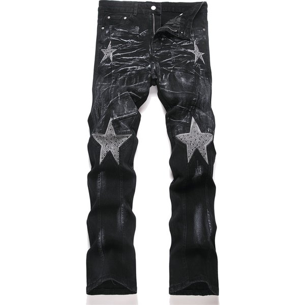 Men's Slim Fit Stretch Black Fashion Straight Denim Jeans With Micro Flare & Patchwork Design Punk