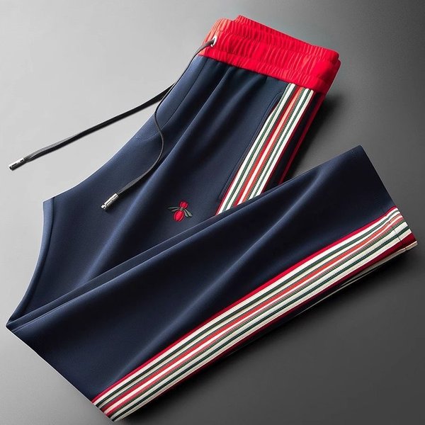 Men's Clothing Light Luxury Spring And Autumn Trendy Brand Sports Pants Striped Drawstring Sweatpants Men Embroidered Bee Straight Casual Pants Men-image
