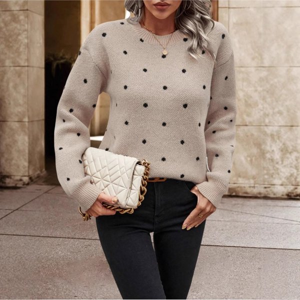Women's Clothing Elegant Polka Dot Jacquard Knit Sweater - Loose Fit Round Neck Long Sleeve Top For Women