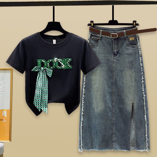 Women's Clothing New Beaded Bow Short-Sleeved T-Shirt With Split Raw Edge Denim Skirt-image