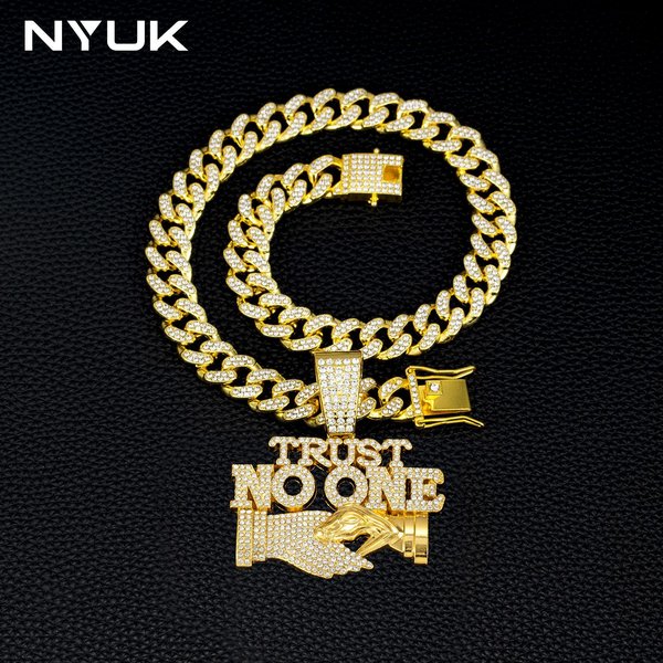 American Hot Sale Trust No One Pendant Necklace Fashion Hip Hop Cuban Chain Men's Handshake Jewelry Wholesale-image
