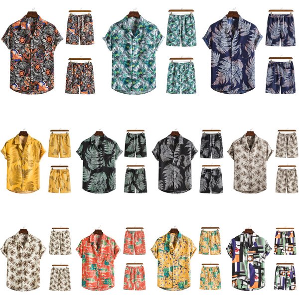 Hawaiian series floral shirt men's casual 2023 short sleeved beach pants two-piece set