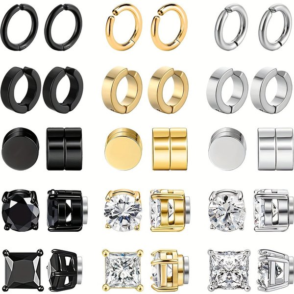 Stainless Steel Round Non Pierced Ear Clips Zircon Ear Studs Combination Set Trendy Men's Non Pierced Ear Magnet Earrings