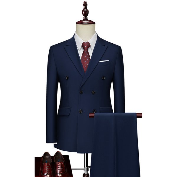 CT 2025 Autumn New Men's Business Casual Suit Double-Breasted Two-Piece Solid Color Jacket-image