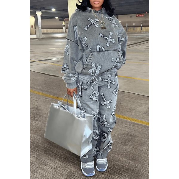 Women's Clothing Printed Pocket Long-Sleeved Hoodie Two-Piece Set-image