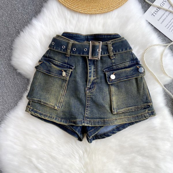 Women's high waist slim all-match retro distressed denim shorts women wide leg pants